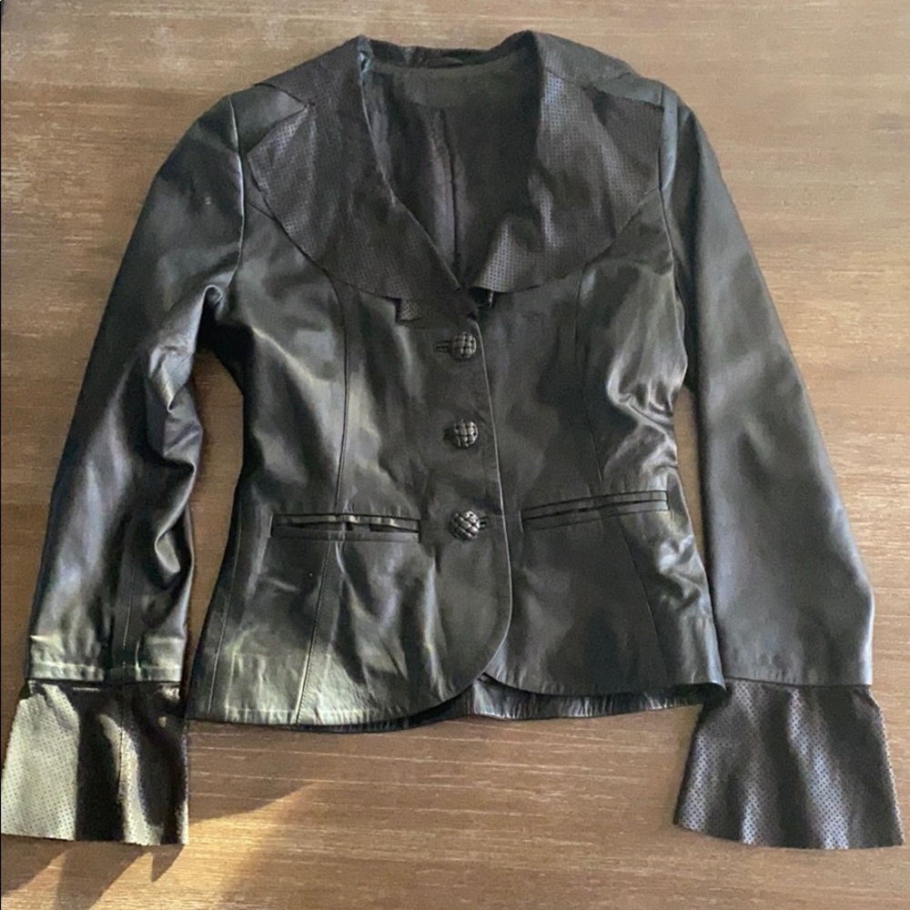 Kircilar Black Turkish Leather Ruffle Jacket